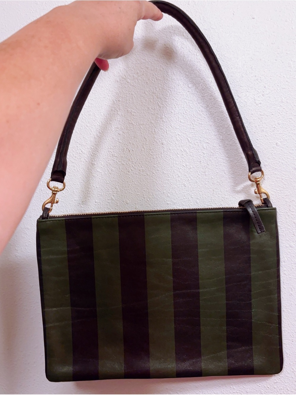 Clare V Black/Fern Soft Leather Green Stripe green and black shoulder bag.